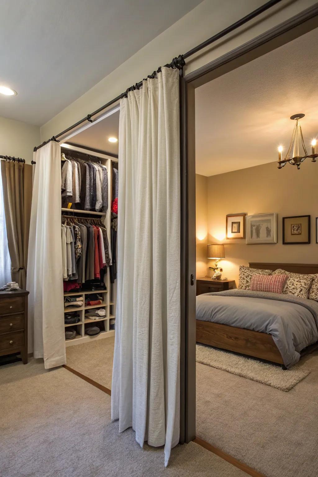 Curtains as closet doors offer a soft, space-saving solution.