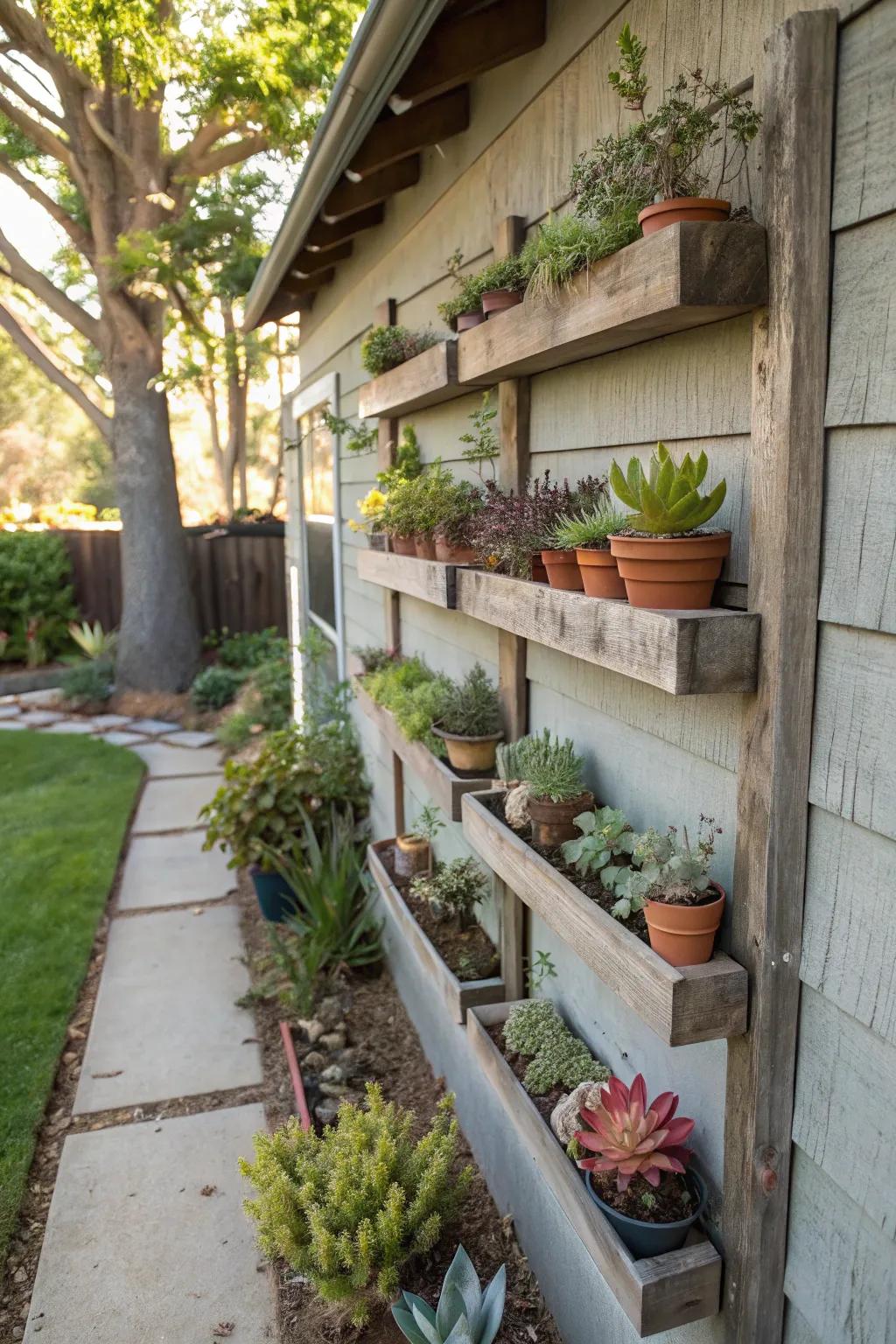 Small floating shelves adorn a shaded wall, housing an array of small succulents for a minimalist vibe.