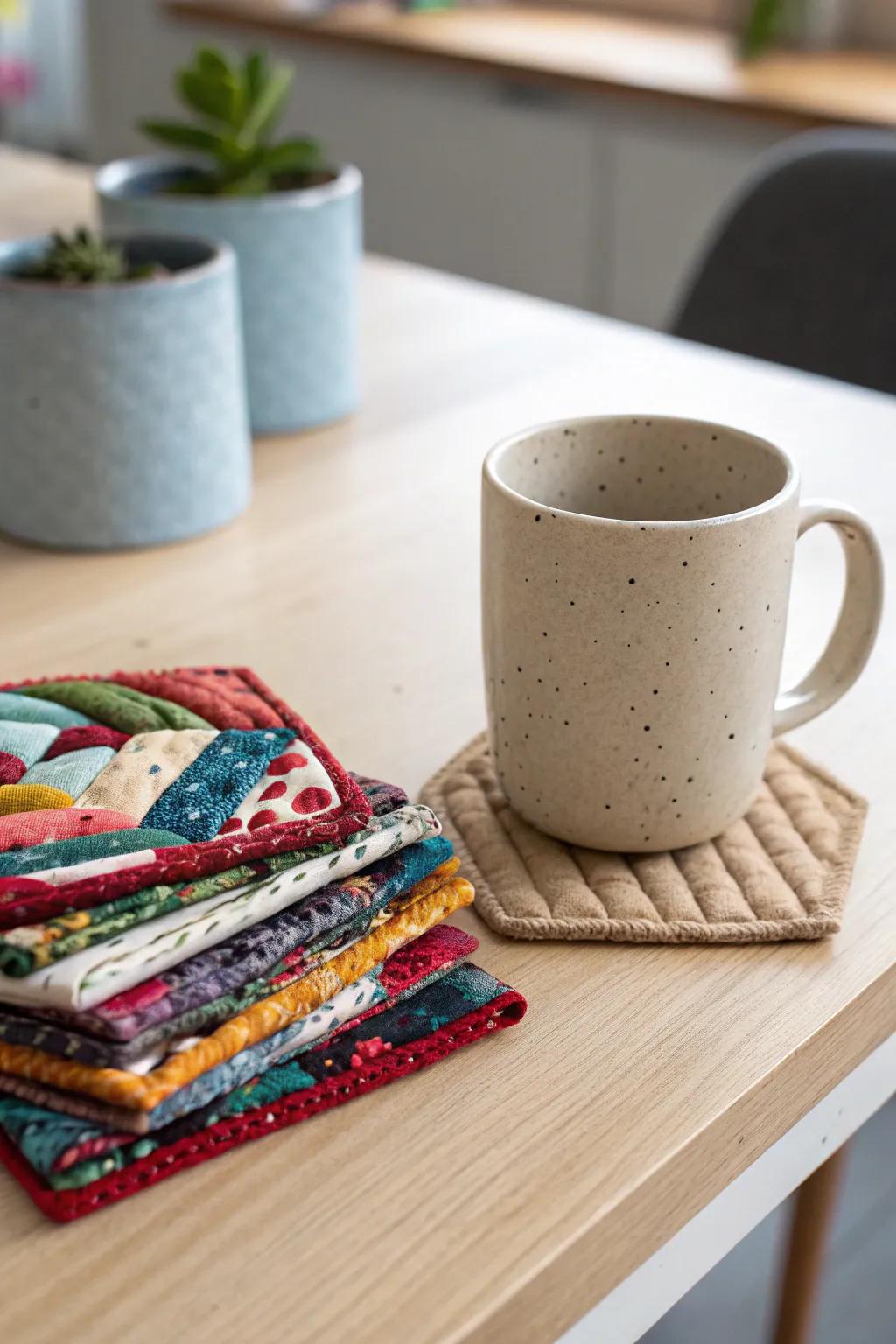 Transform your fabric scraps into charming coasters that bring a cozy, handmade feel to your home decor. #DIYCoasters #ScandinavianBoho