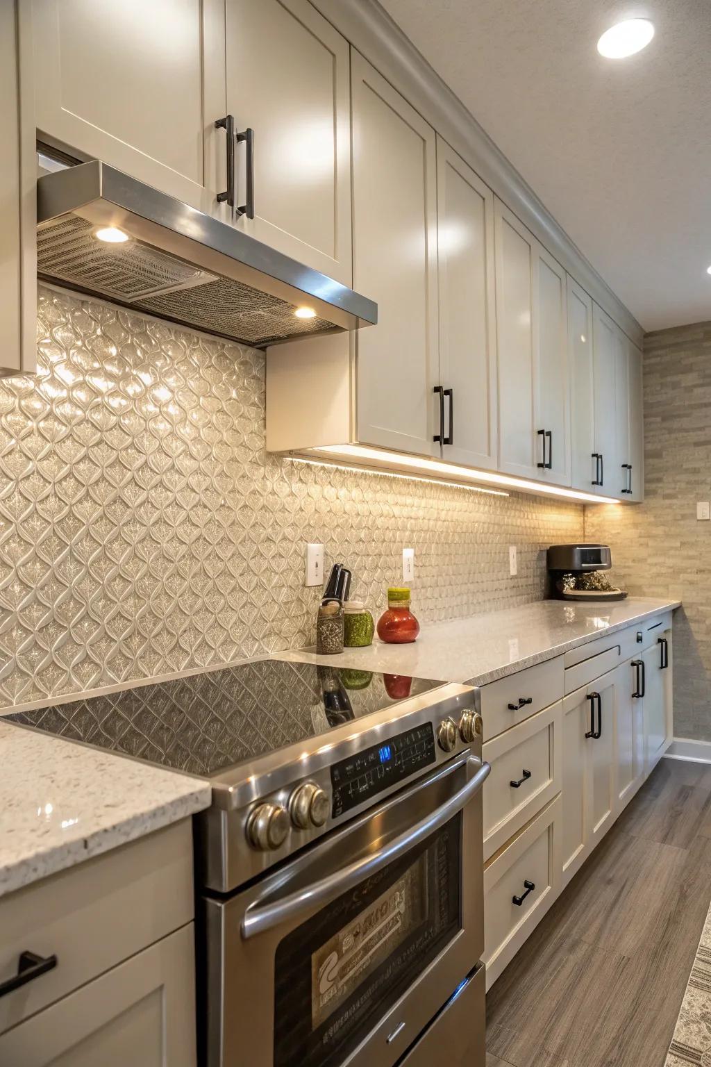 A kitchen with a textured glass tile backsplash for added depth.