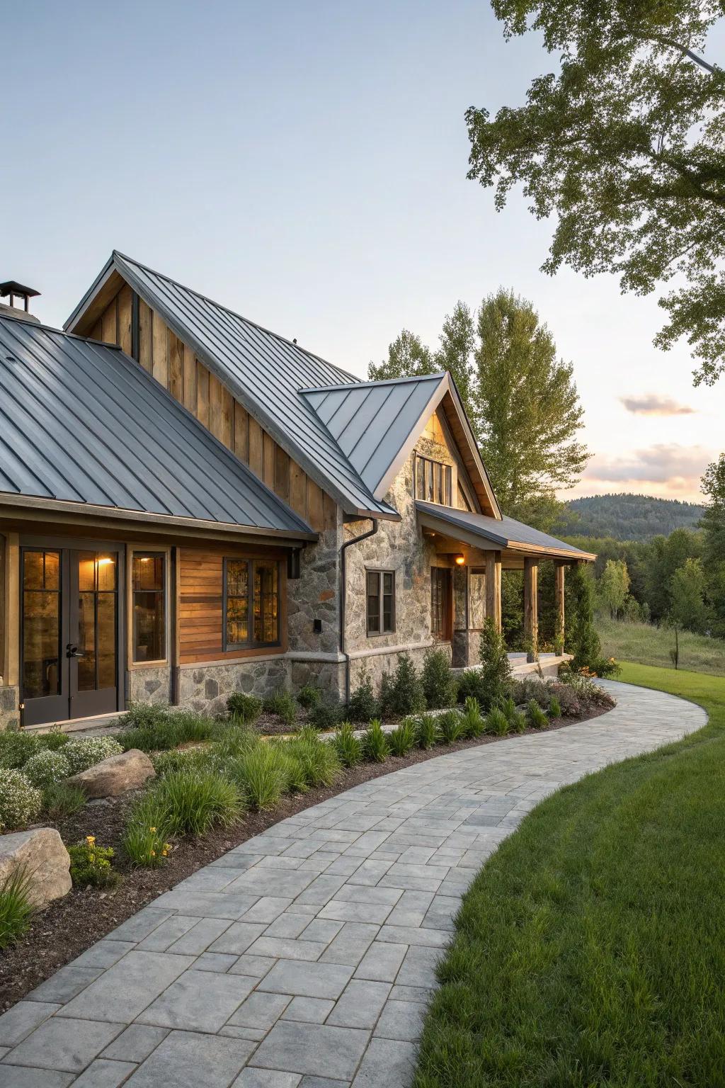 A home with a metal roof and mixed materials.