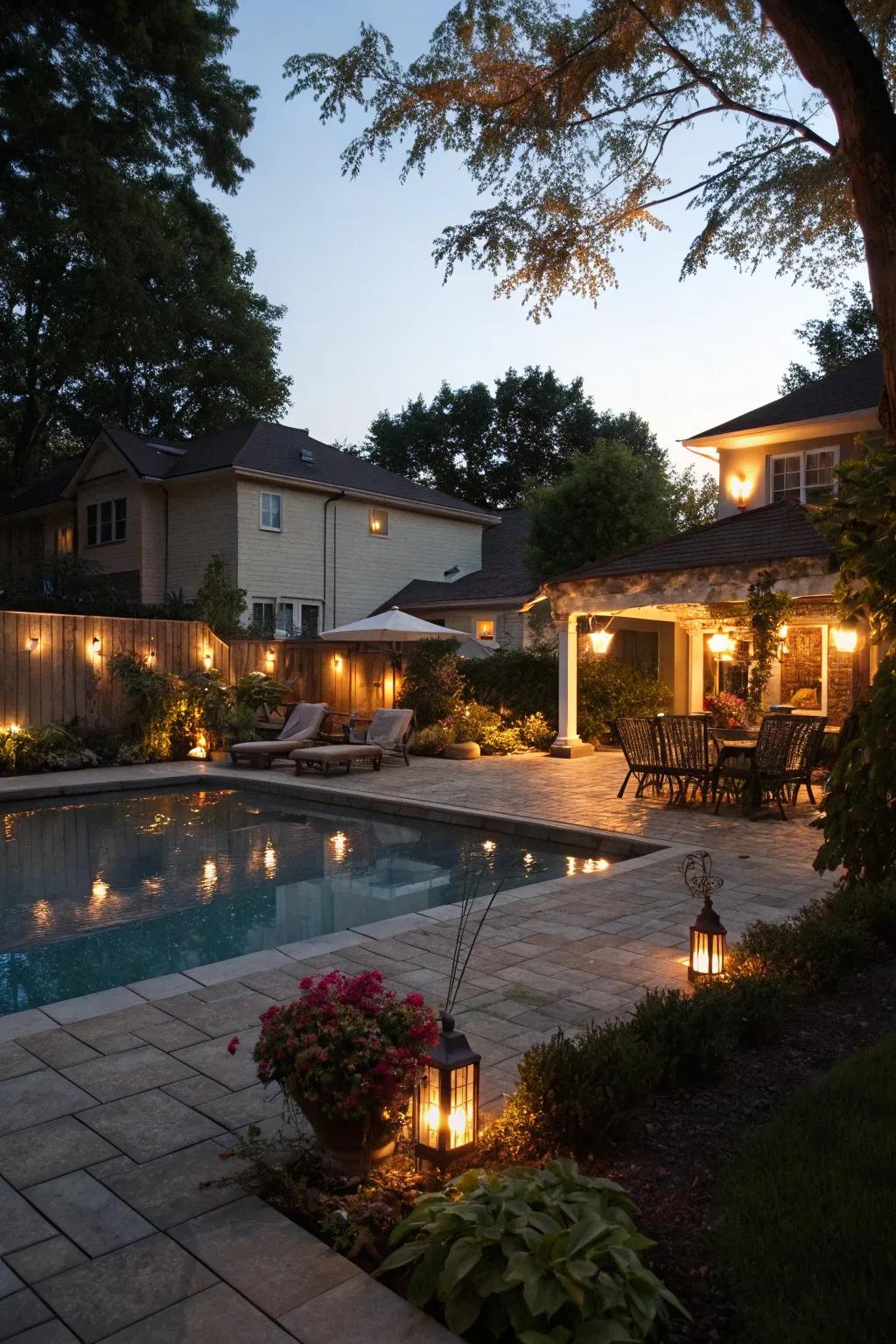 Subtle lighting turns this pool surround into a magical evening retreat.