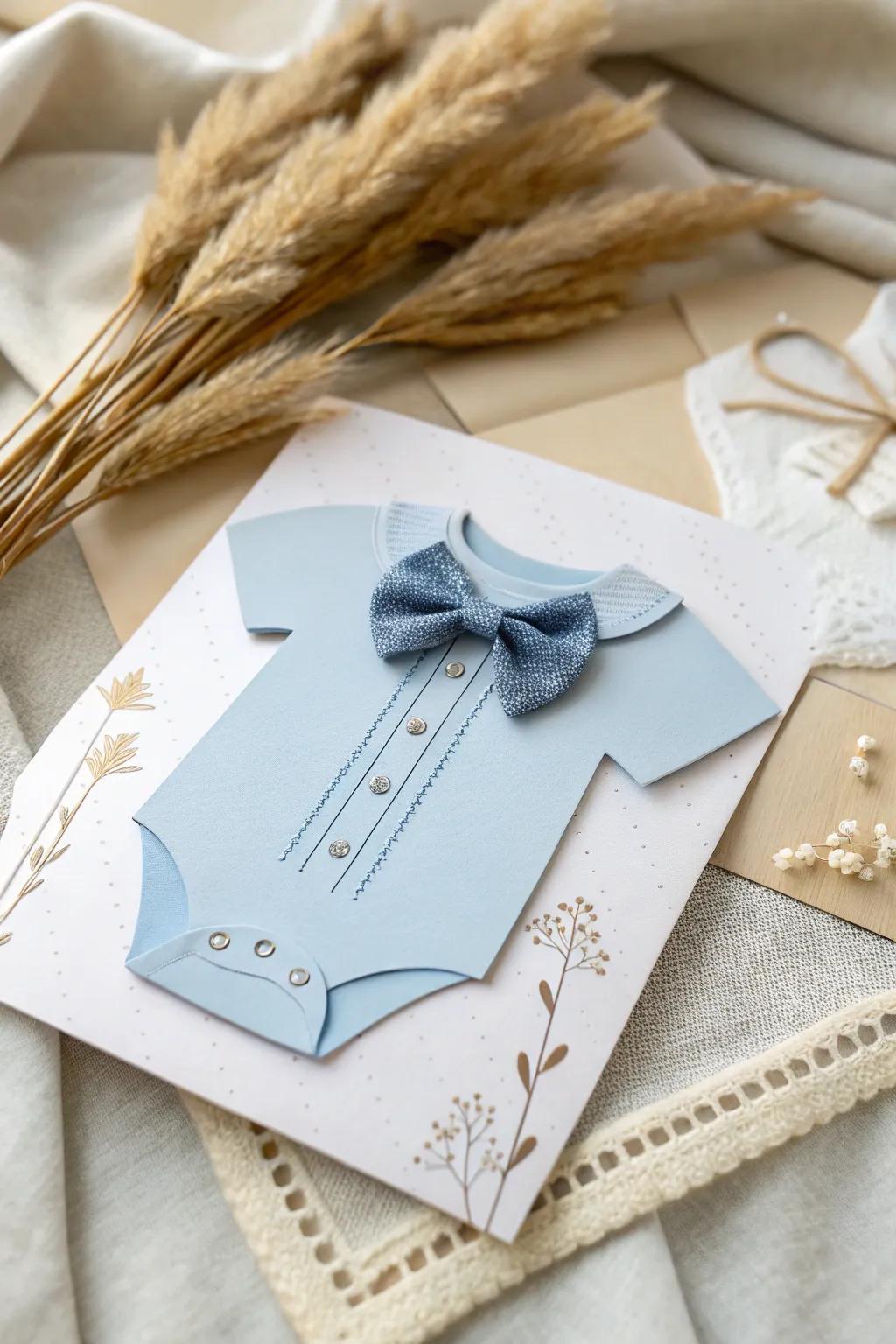 Delight in the simplicity and charm of a handmade onesie card, perfect for welcoming a baby boy with style and love.