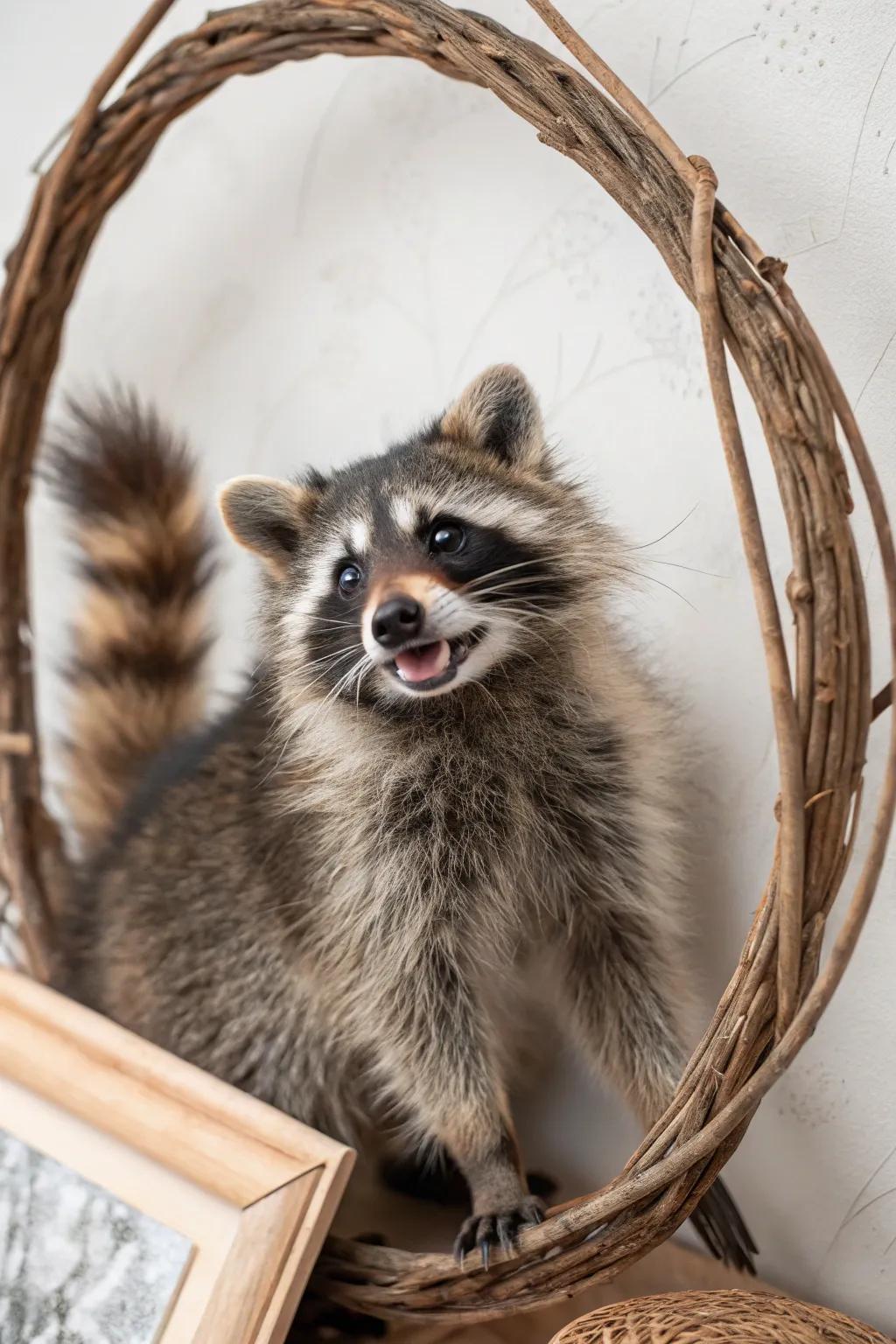 Embrace the charming whimsy of nature with this playful raccoon portrait!