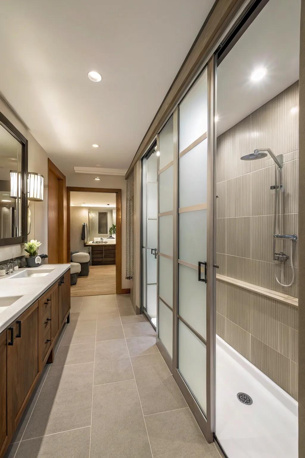 A sliding door adds modern charm and saves space.