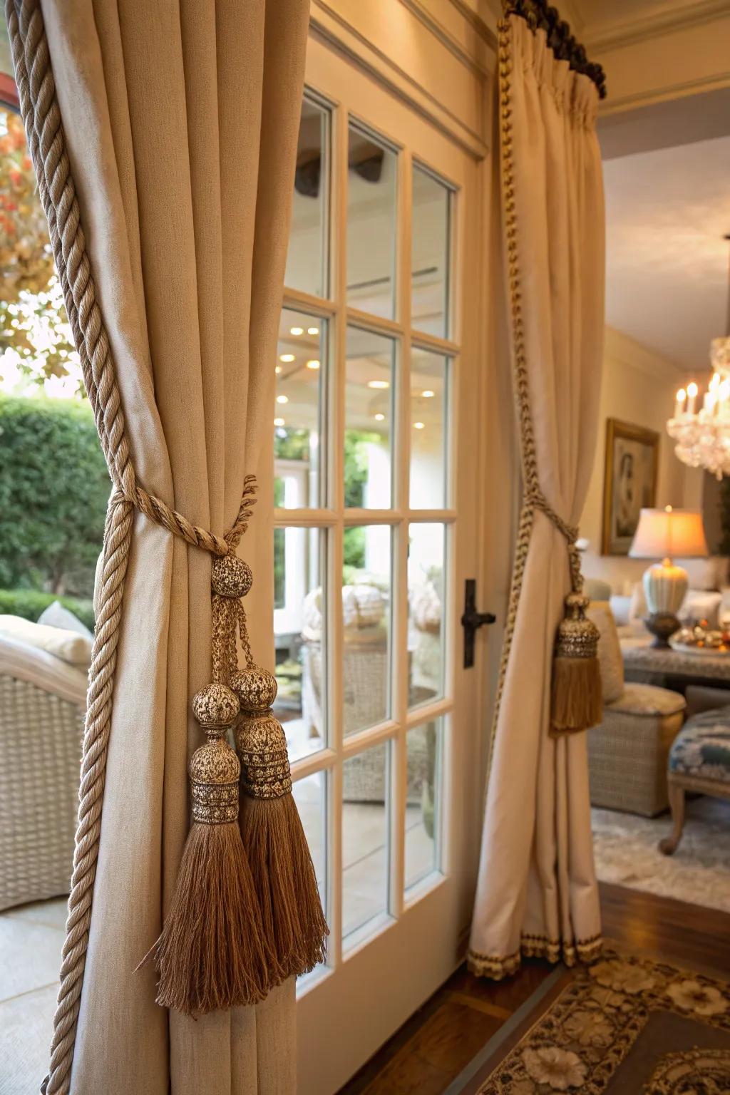 Tassel tiebacks adding elegance to draped French doors.