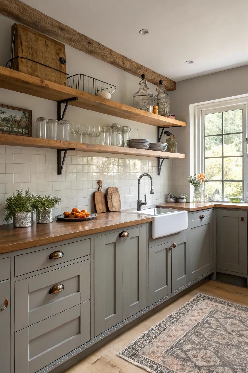 Mix materials like wood and metal with grey cabinets for a unique kitchen.