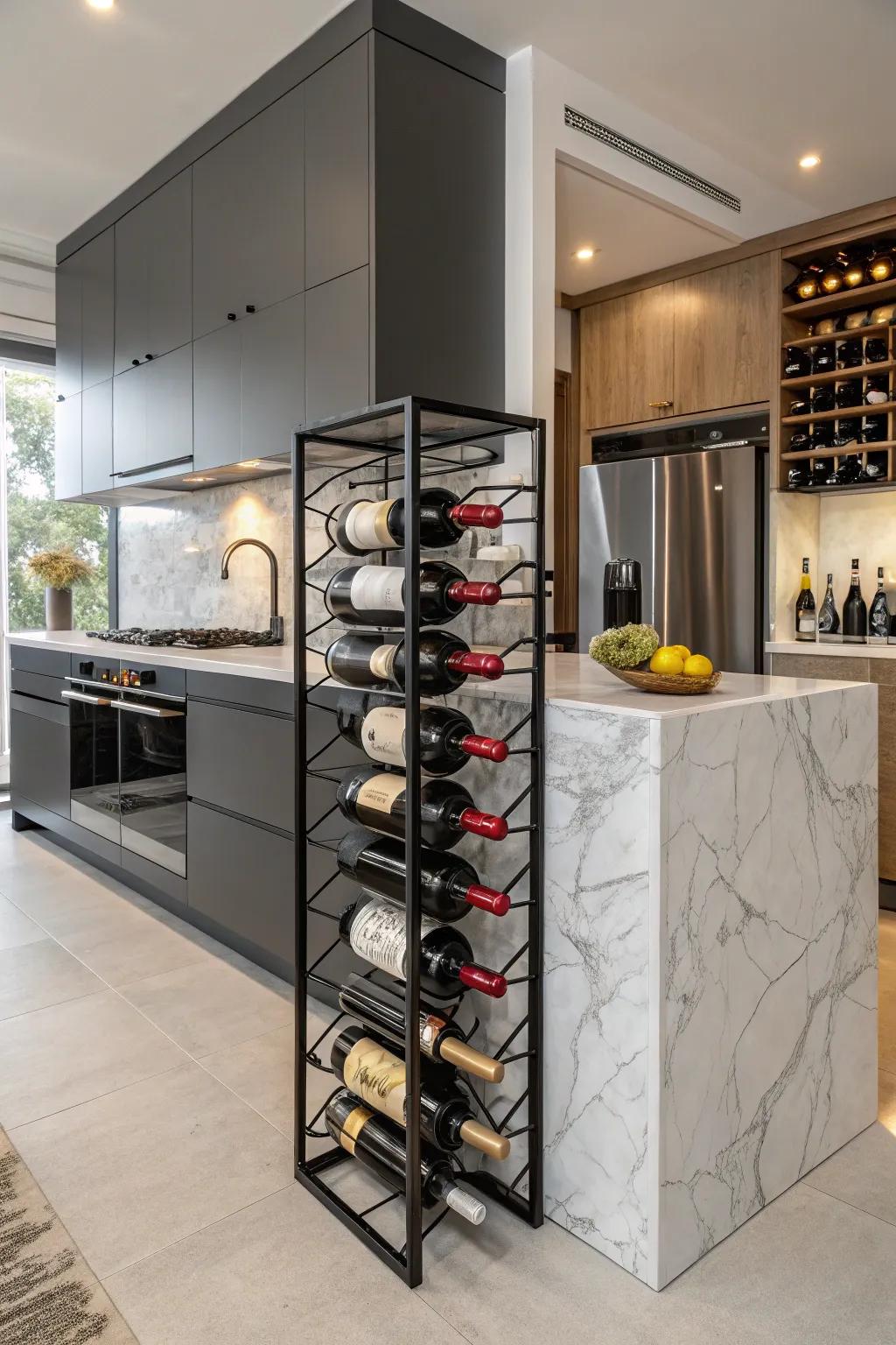A stylish wine rack combines function and decor elegance.