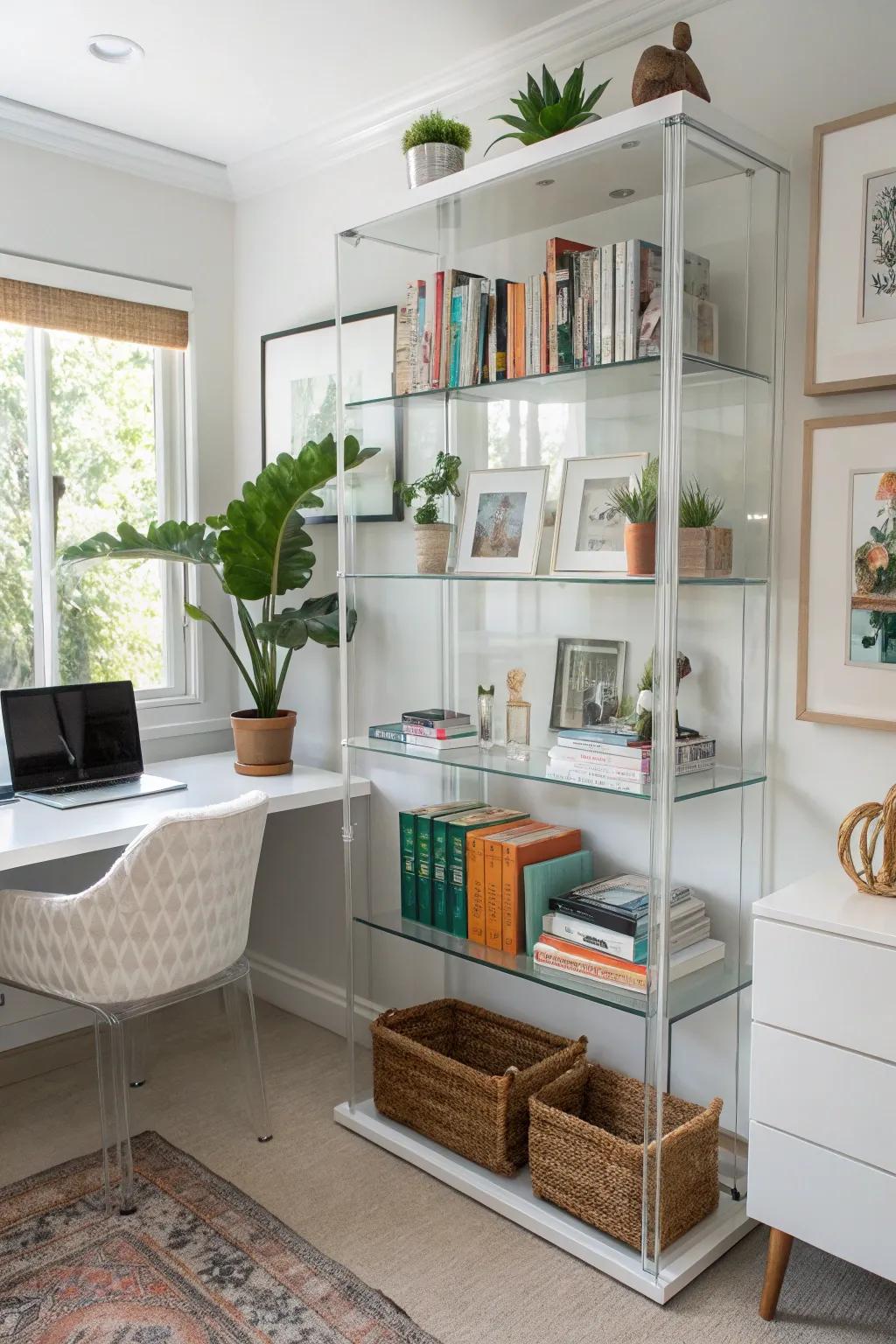 Plexiglass shelves keep your space open and bright.
