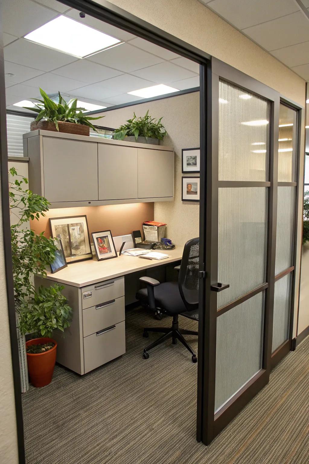 A cubicle door offers a definitive boundary for private work.
