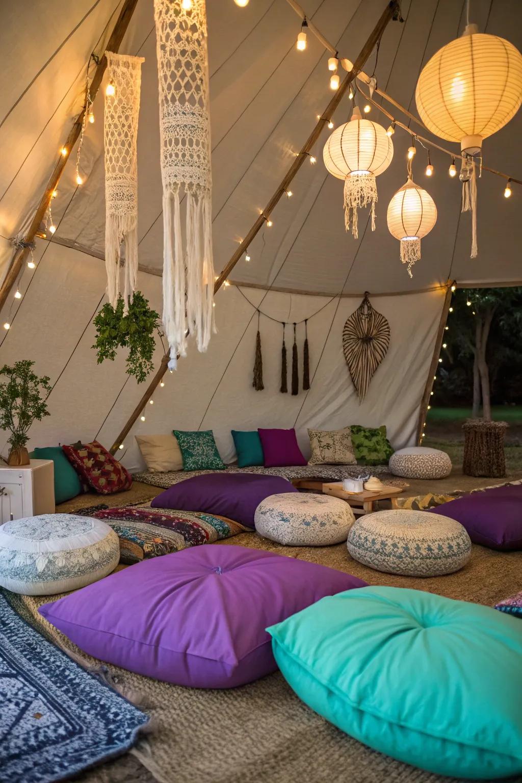 Bohemian-style ground cushions creating a cozy and artistic camping space.