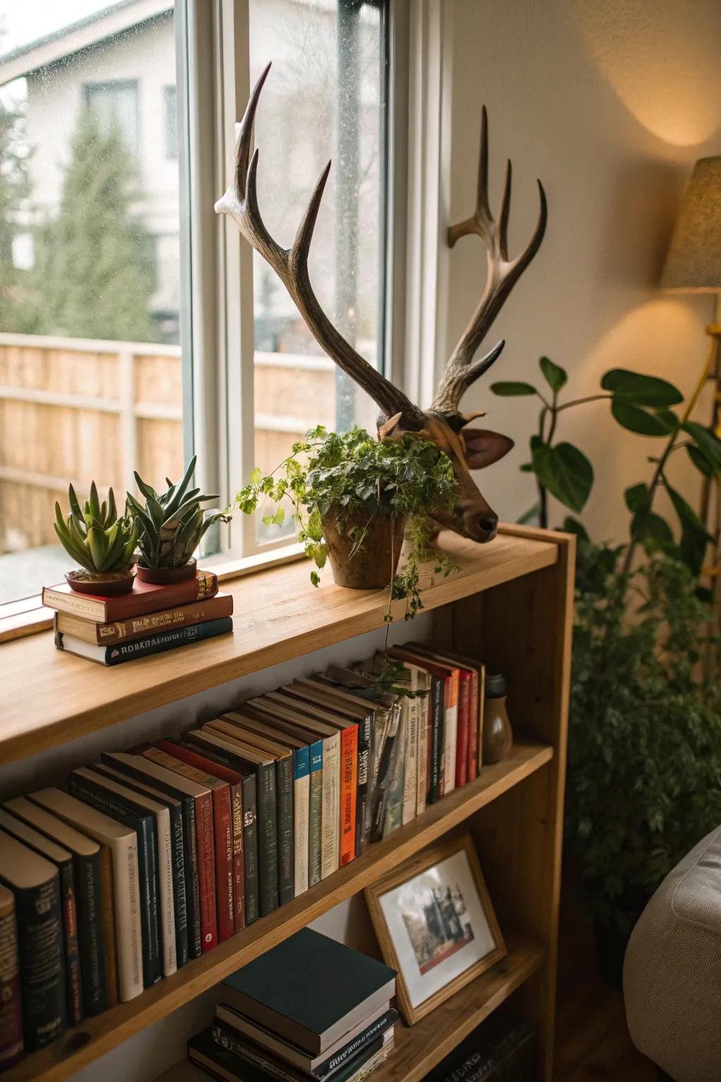 Decorate your shelves with elegant deer antler displays.