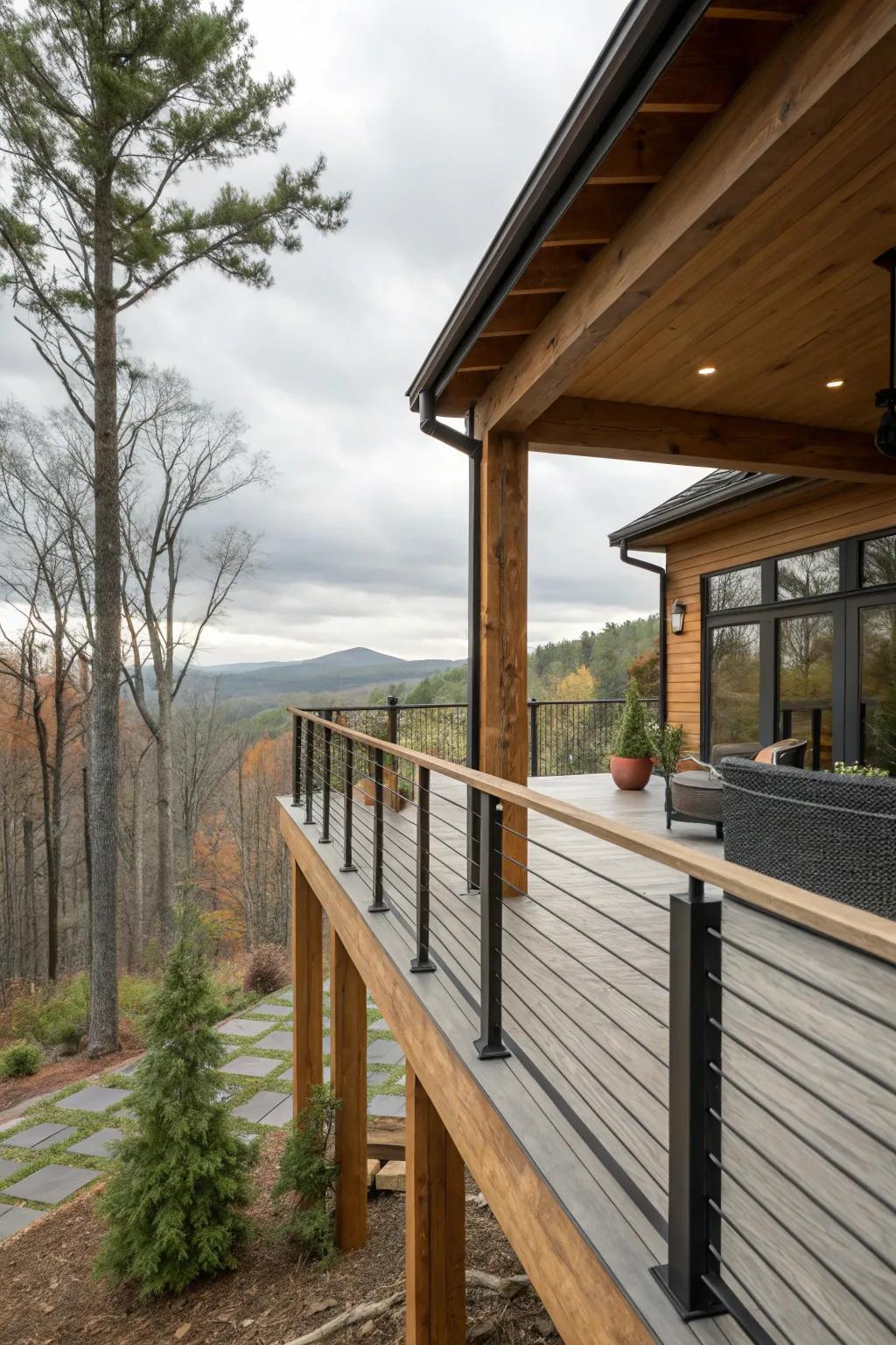 Blend modern and rustic with cable and wood railings.