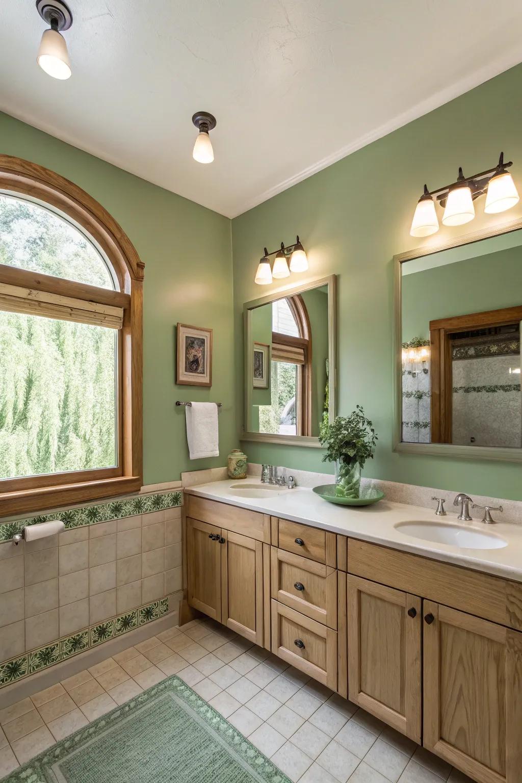 Dimmer switches enhance the serene ambiance of sage green bathrooms.