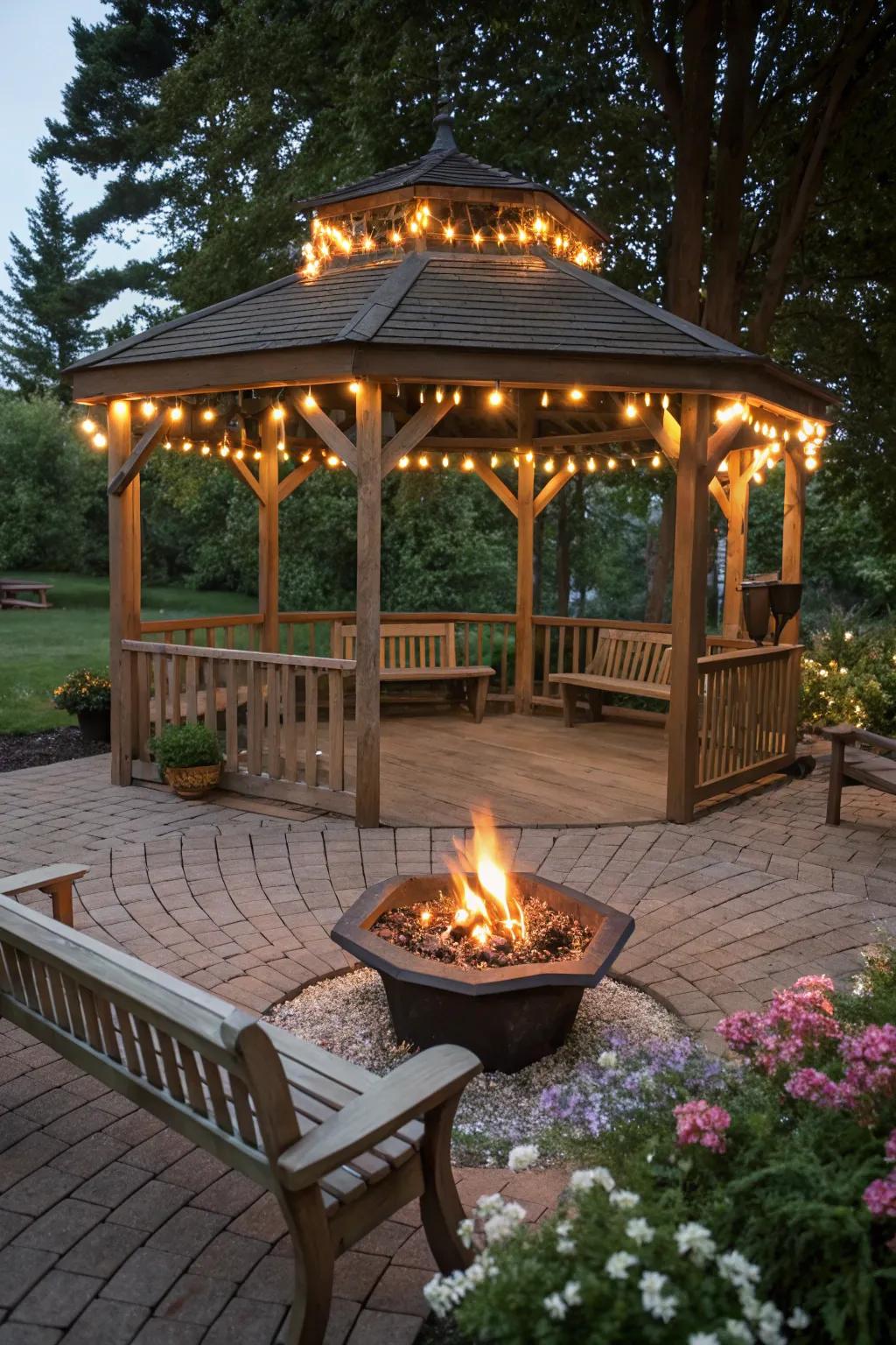 A fire feature adds warmth and ambience to this gazebo.