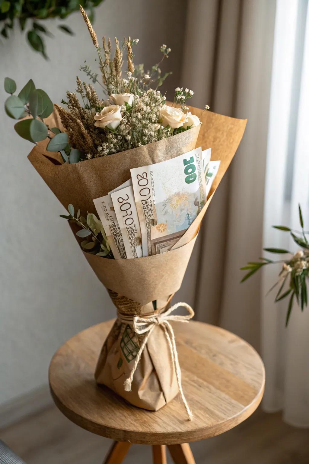Embrace rustic elegance with a unique money bouquet wrapped in chic brown paper.