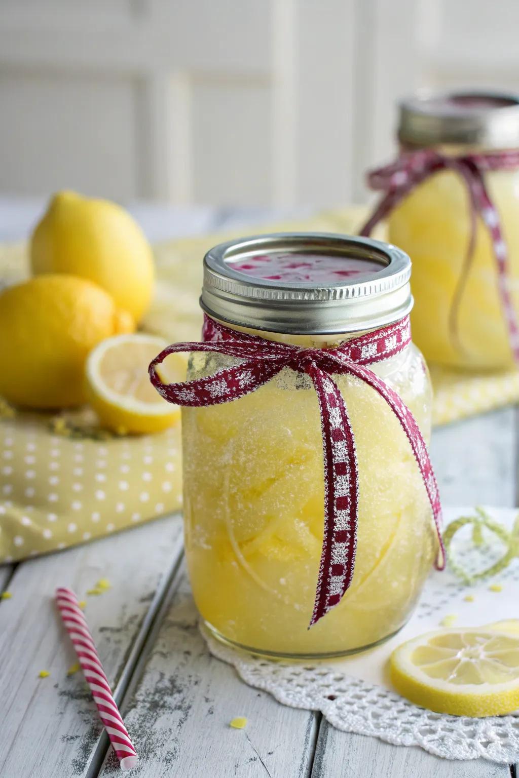A jar of homemade lemonade mix for a personal touch.
