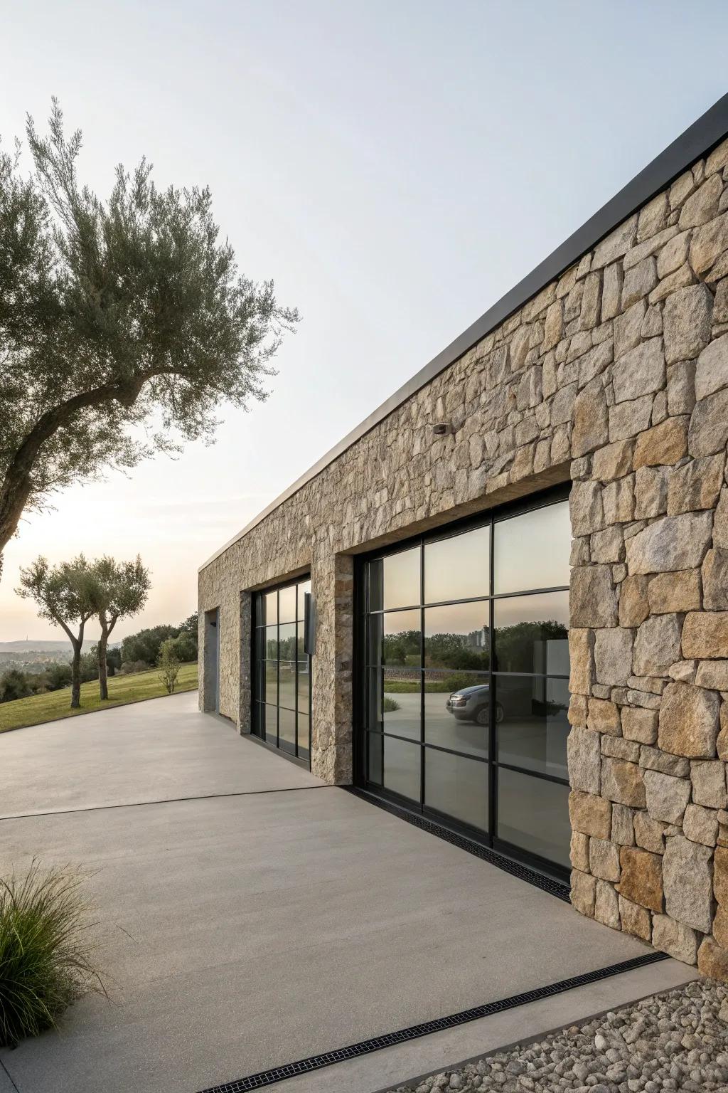 Modern stone and glass design for a sleek garage appearance.