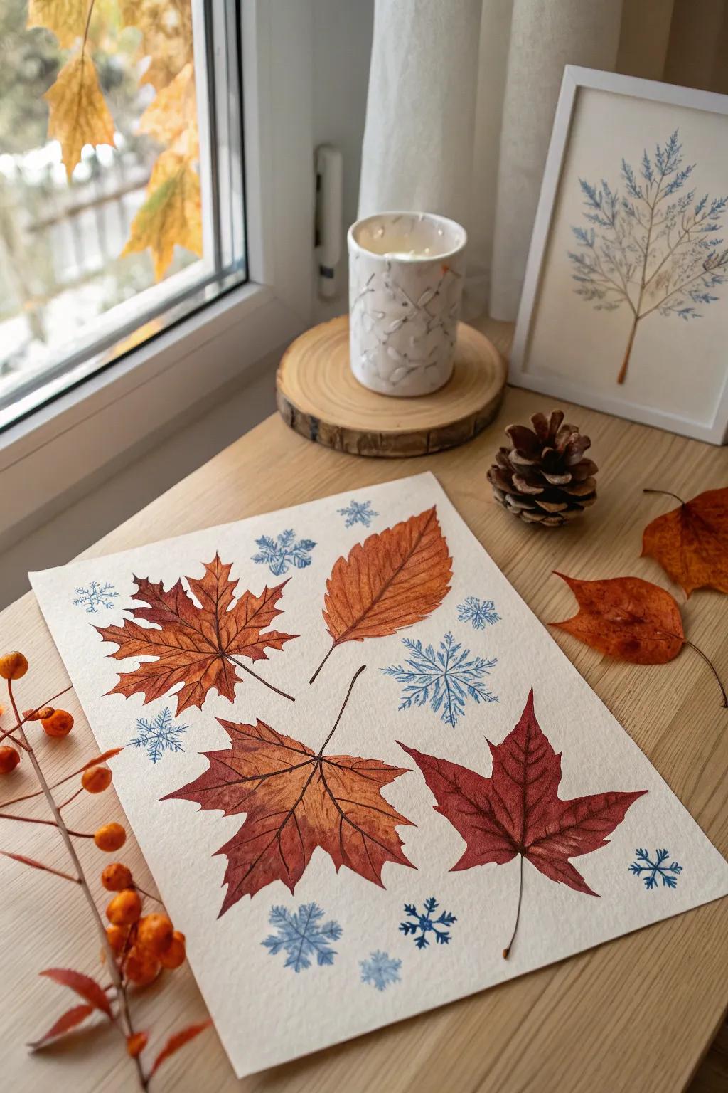 Capture the beauty of nature's cycle with a seasonal watercolor collage that celebrates autumn and winter's splendor.