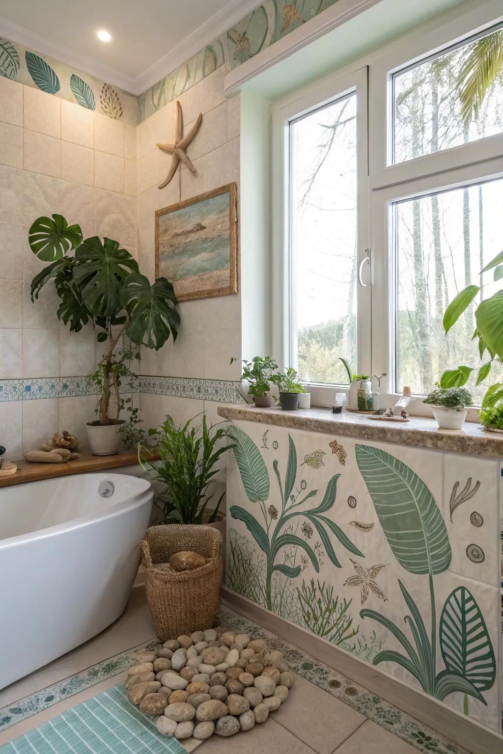 Nature-inspired decor brings a calming vibe to the bathroom.