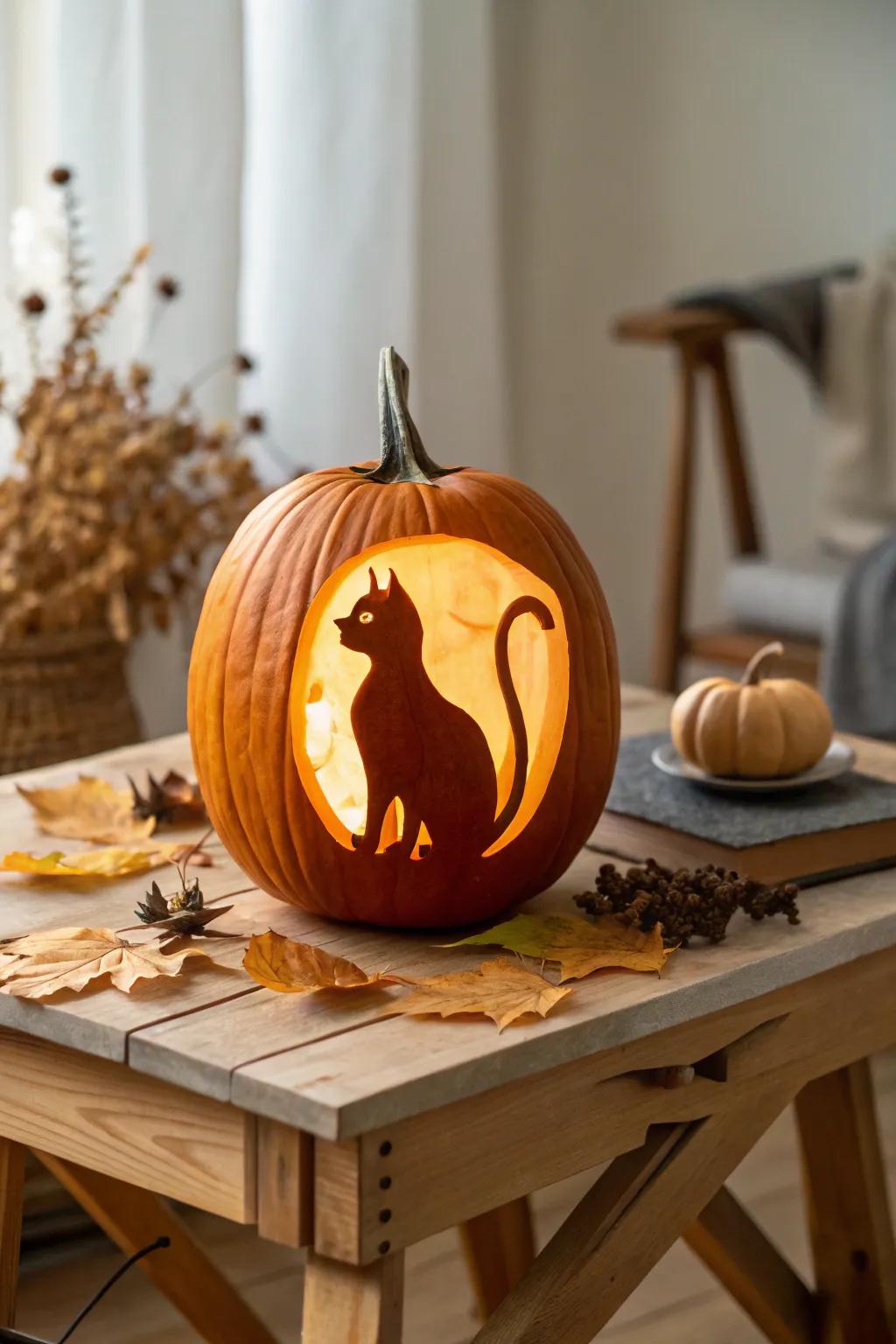Embrace the mystical charm of autumn nights with a moonlit cat silhouette pumpkin carving.