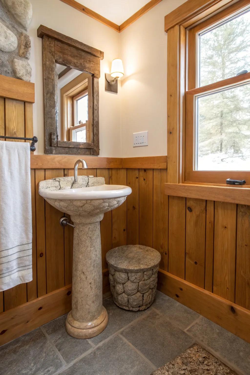 Earthy bathroom design with natural materials.