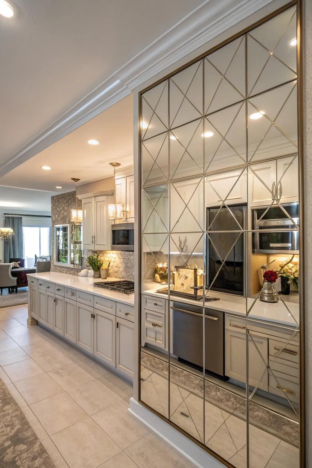 Mirrored accent wall in a kitchen, enhancing light and space.