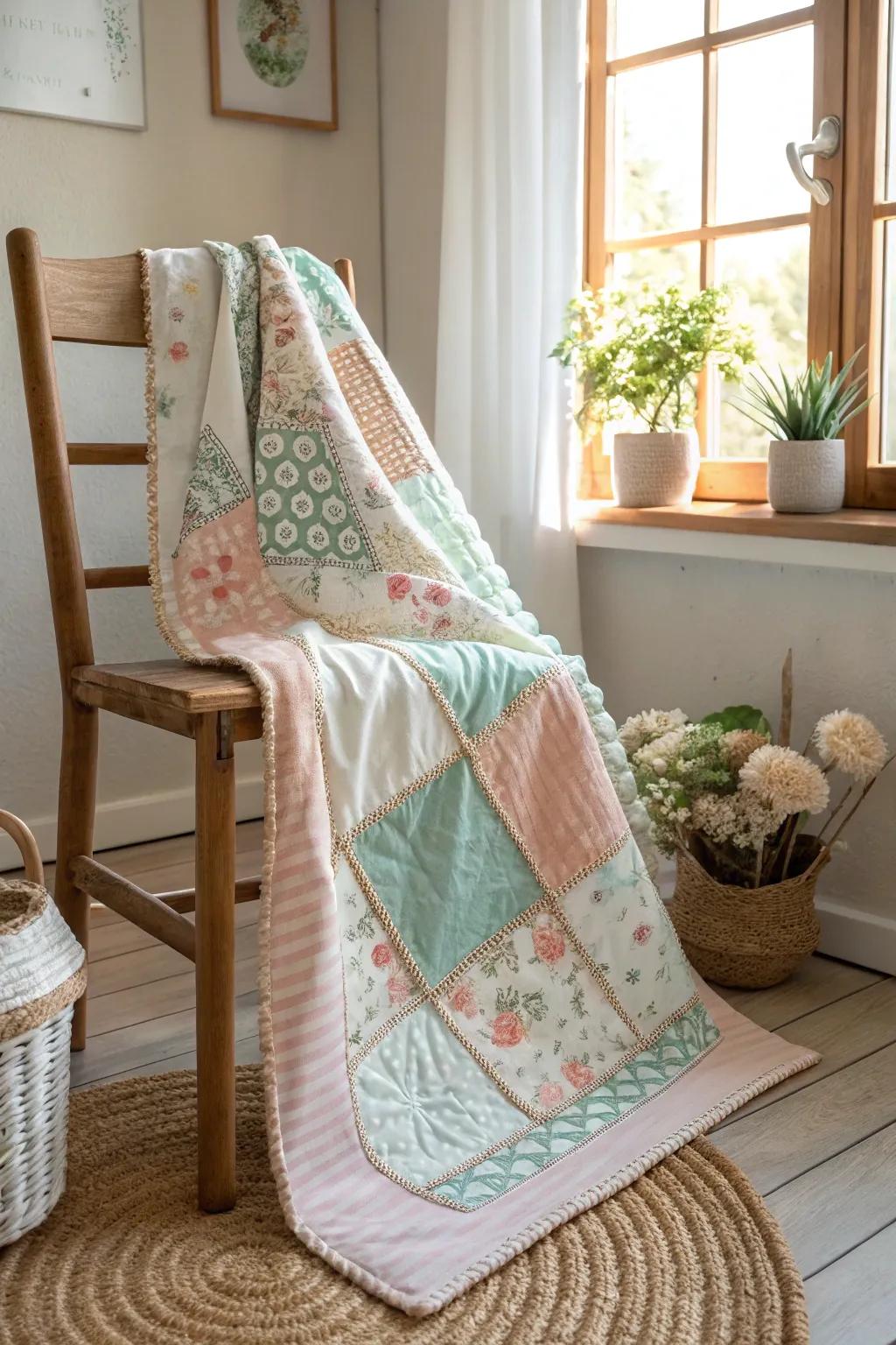 Embrace the warmth and charm of patchwork perfection with this delicate baby quilt, a cozy piece that tells a story in every square.