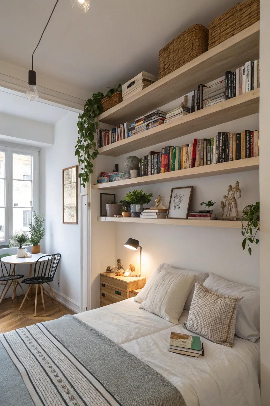 Floating shelves provide storage without occupying valuable floor space.