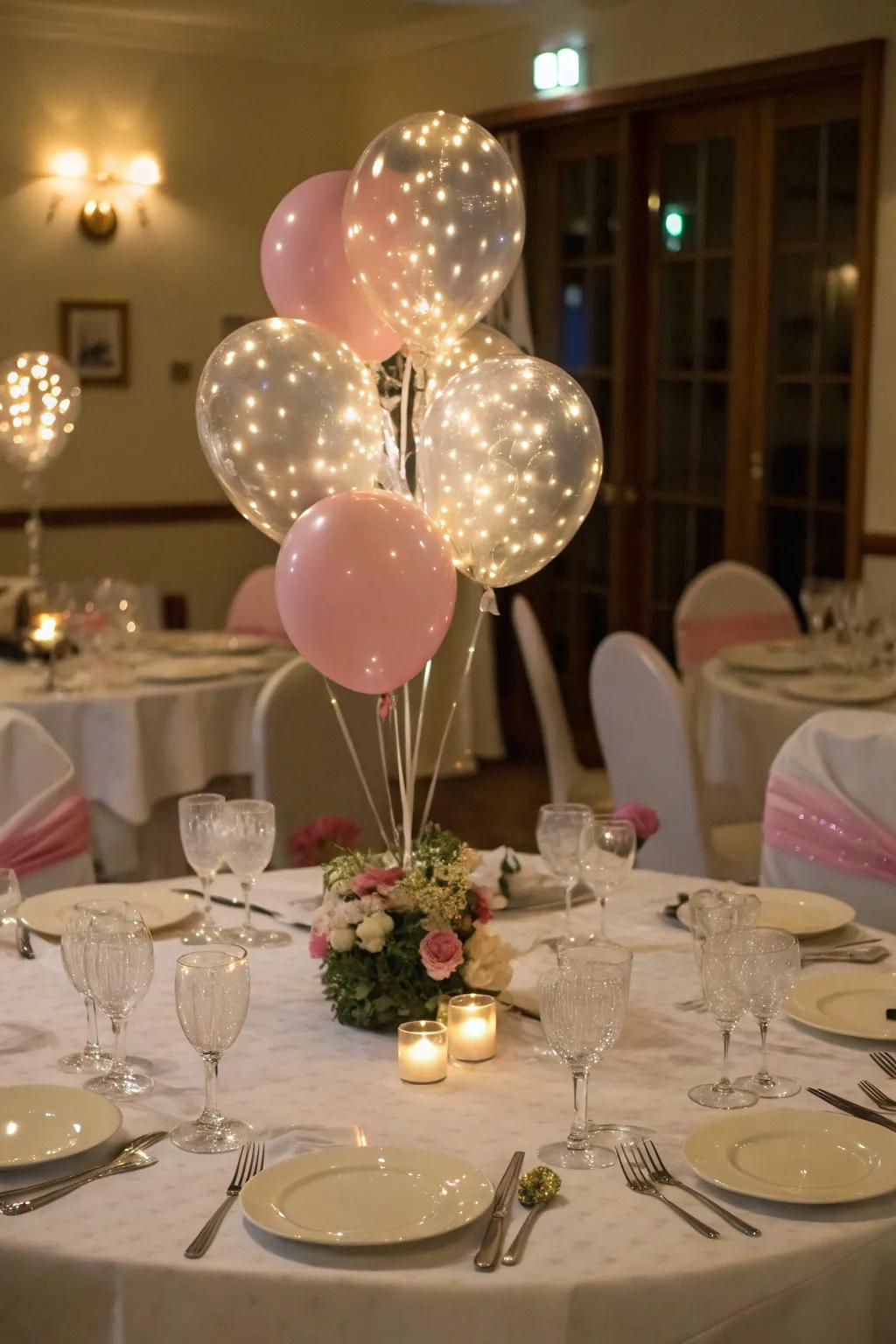 Balloon clusters with LED lights as elegant table centerpieces.