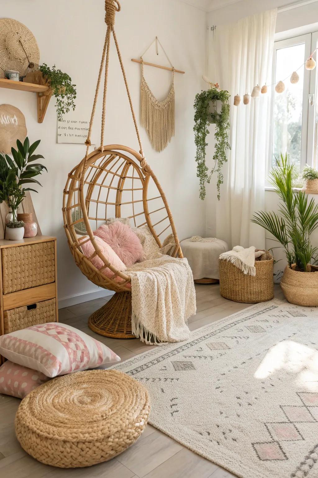 Natural textures like wicker and wood create a serene boho vibe.