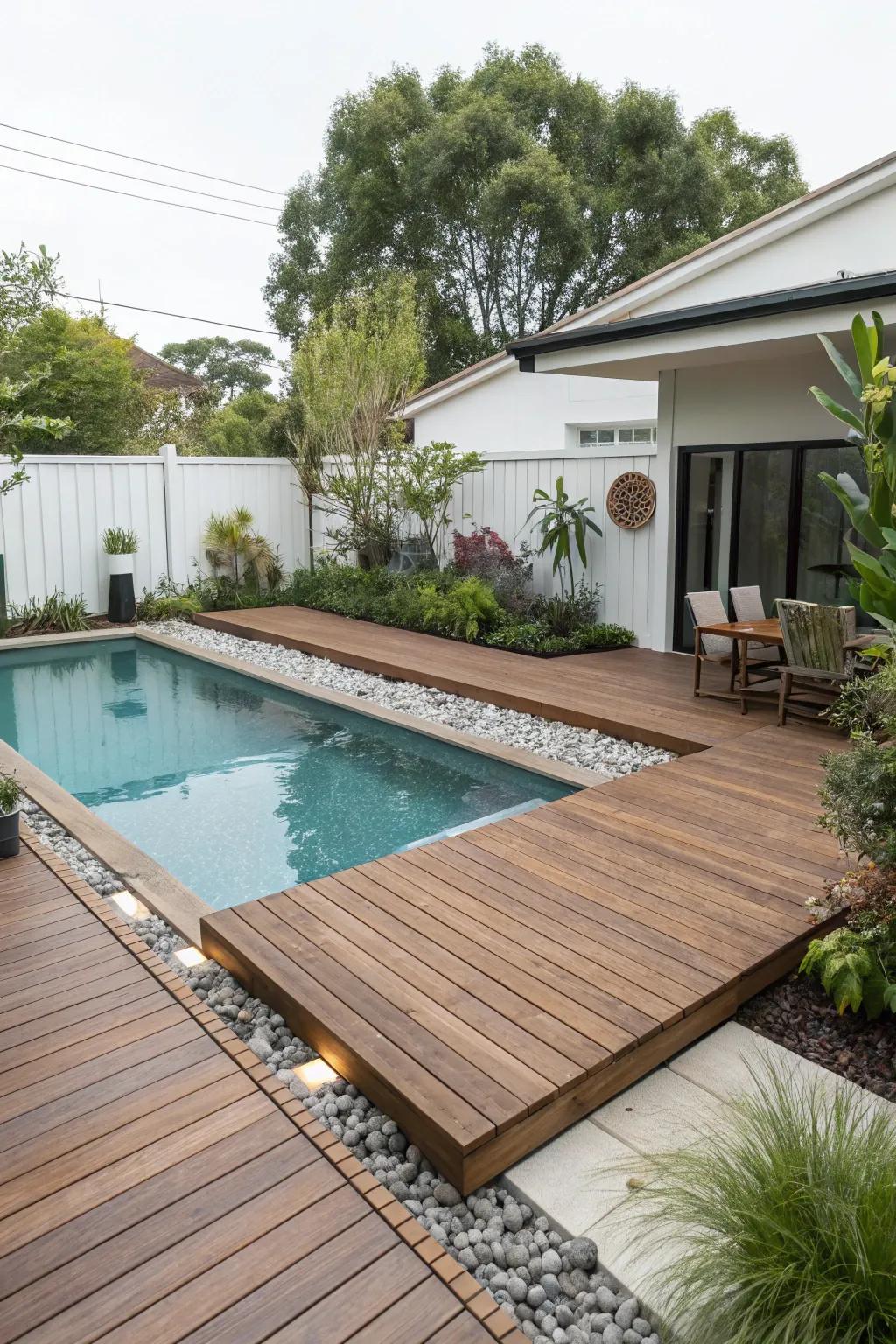 Recycled wood decking offers a sustainable and stylish pool surround.