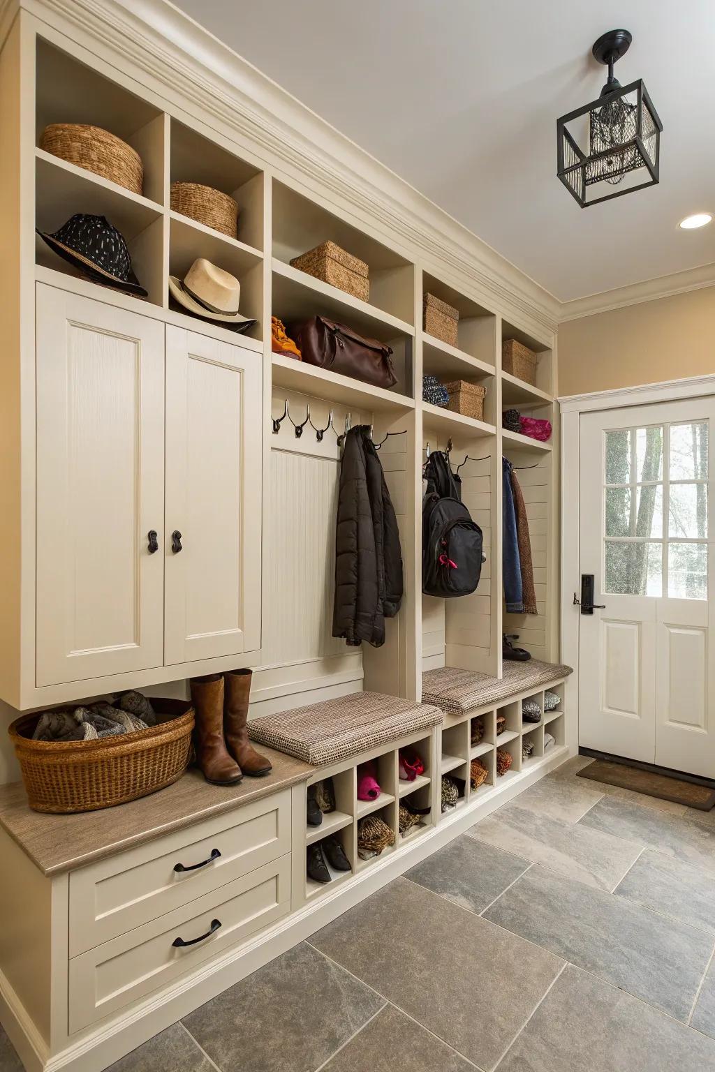 A balanced mix of open and closed storage in the mudroom.