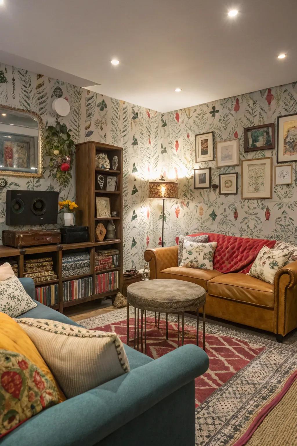 Wallpapered panels bring character and whimsy to this cozy living room.