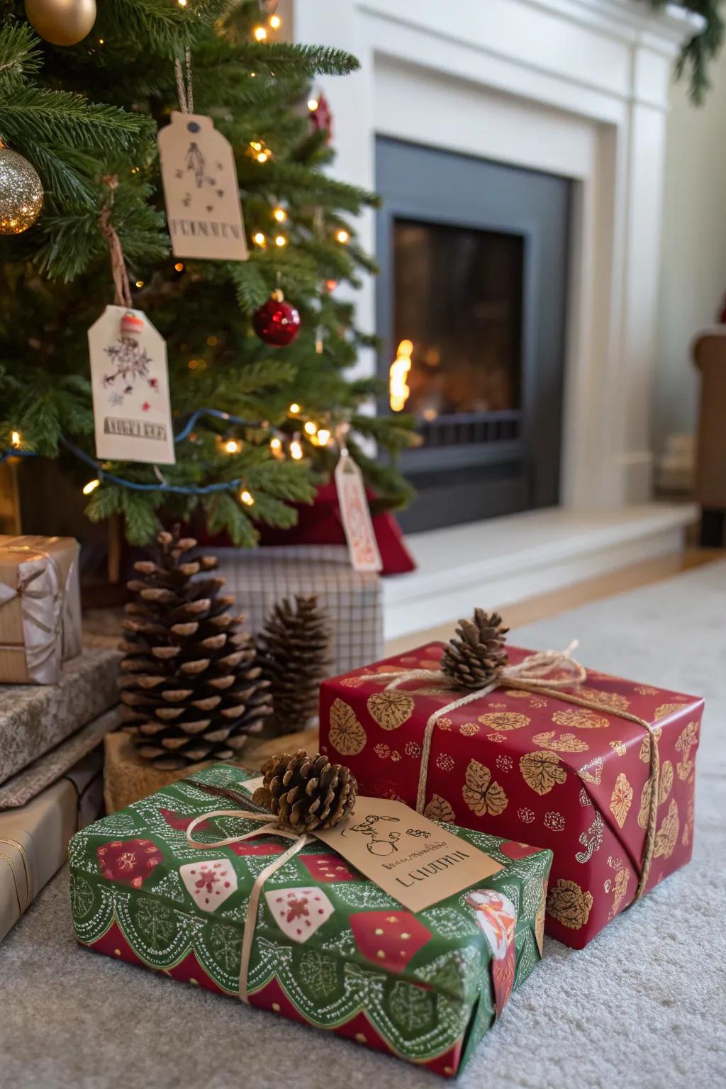 Elegantly wrapped gifts with natural elements, adding a unique touch to the holiday season.