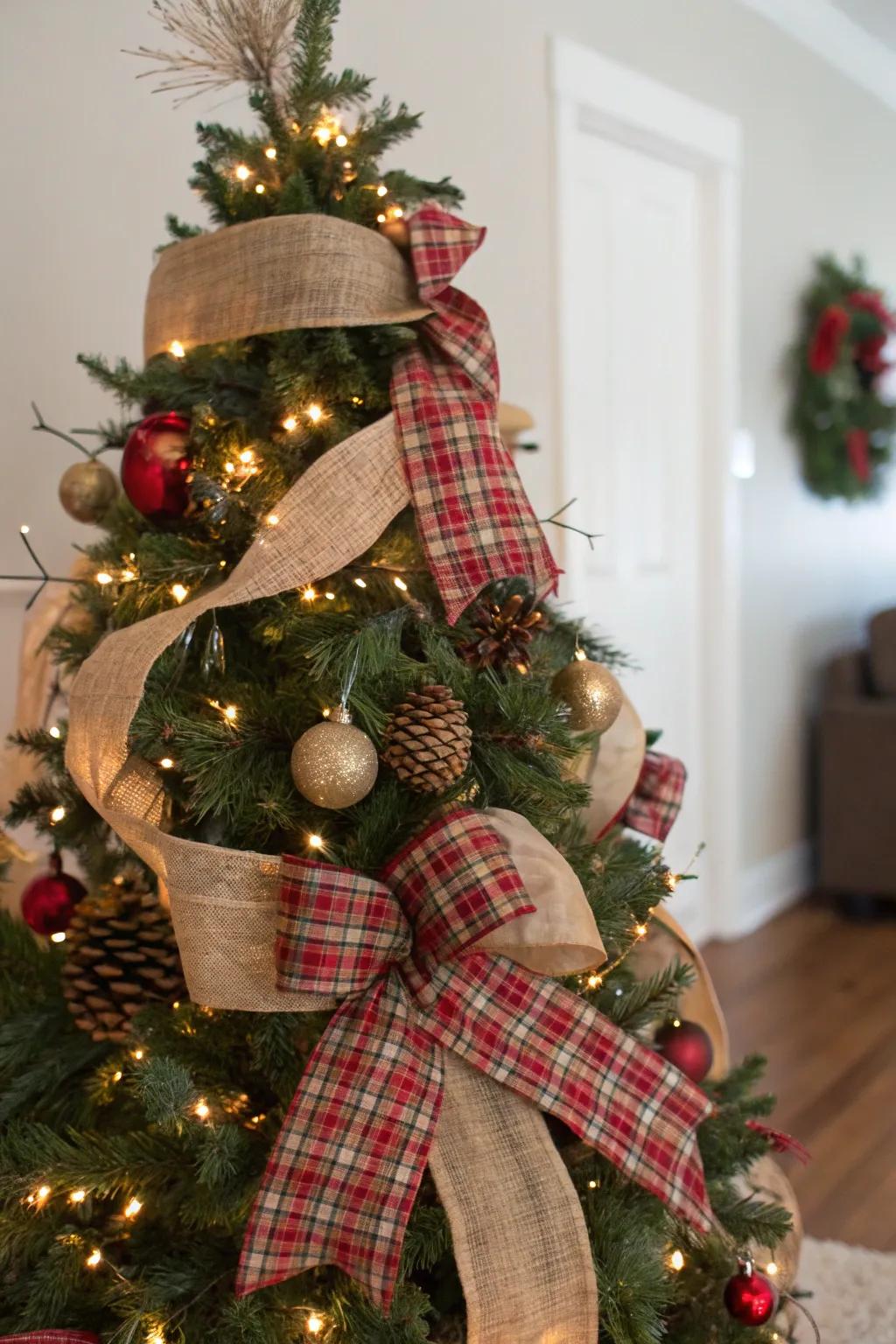 A Christmas tree adorned with plaid ribbons and burlap, creating a classic farmhouse look.
