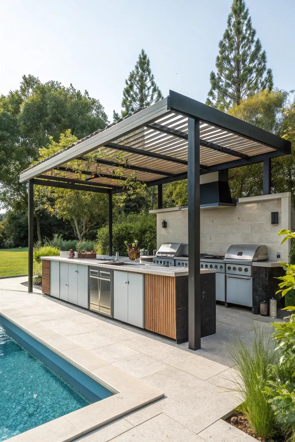 Flexible pergola panels providing shade and privacy in the outdoor kitchen.