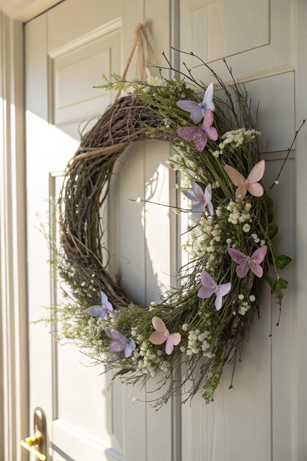 Transform your door into a garden party with this enchanting butterfly-adorned wreath.