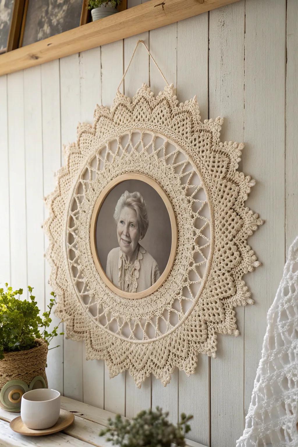 Cherished memories woven with love: a doily photo keepsake that warms the heart.
