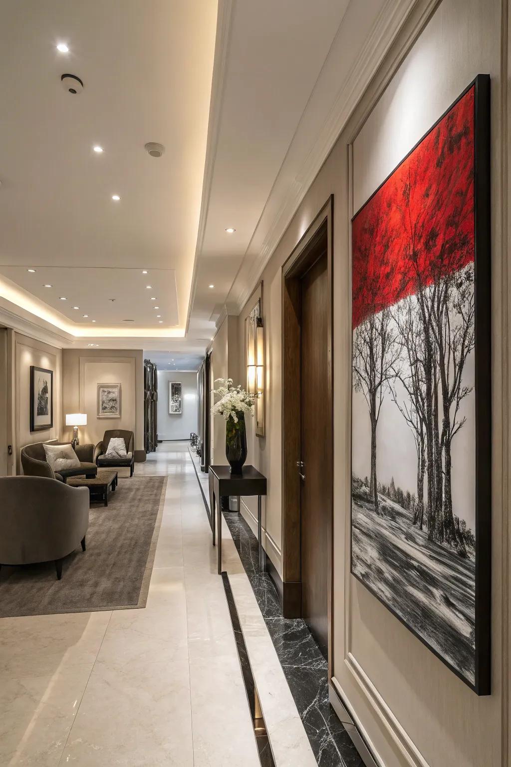 A bold black and white painting with a striking red accent.