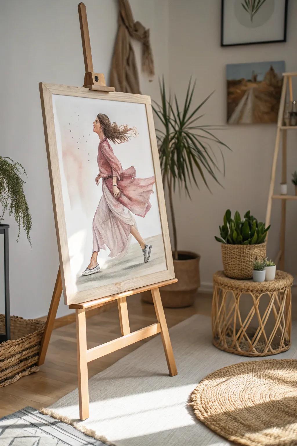 Embrace the art of movement with a watercolor full body portrait that dances with light and shadow.