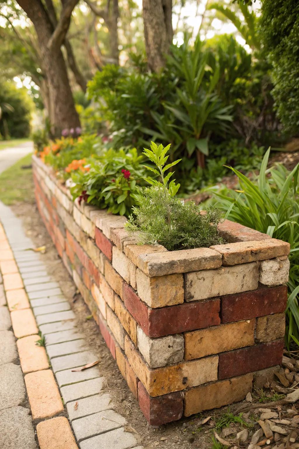 Embrace rustic elegance with reclaimed brick planters, where simplicity meets natural beauty.