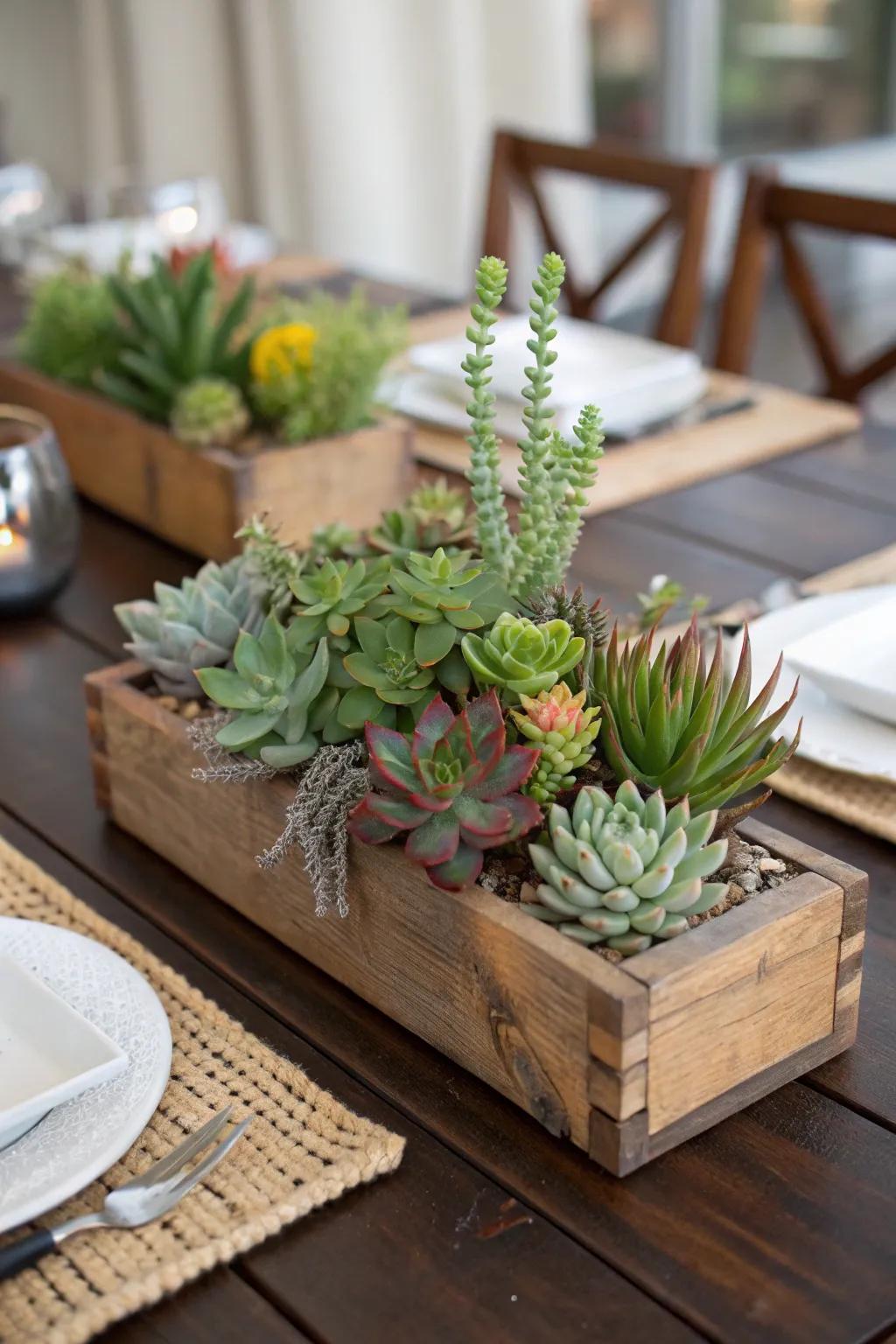 Masculine centerpiece with succulents and wood