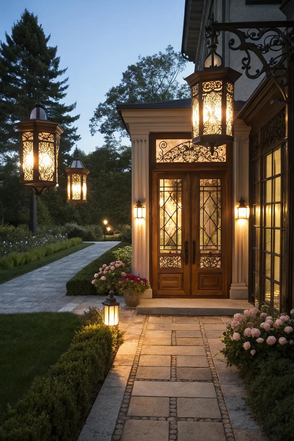 A classic entrance enhanced by elegant lanterns.