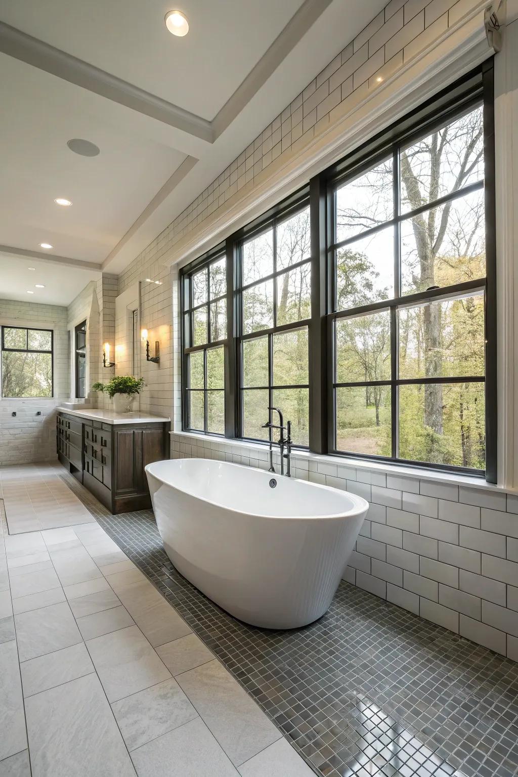 A freestanding tub adds luxury to a long bathroom layout.
