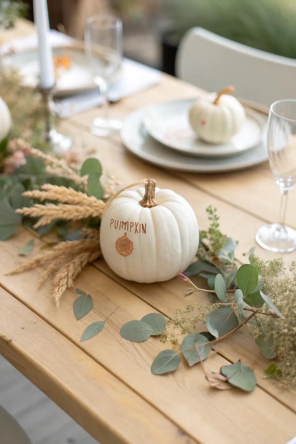 Embrace the charm of fall with a personalized pumpkin centerpieceâperfect for a minimalist, boho-inspired wedding.