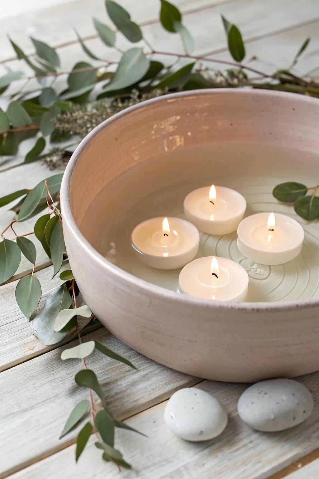 Create a serene ambiance with floating candles â the perfect minimalist touch for your wedding decor.