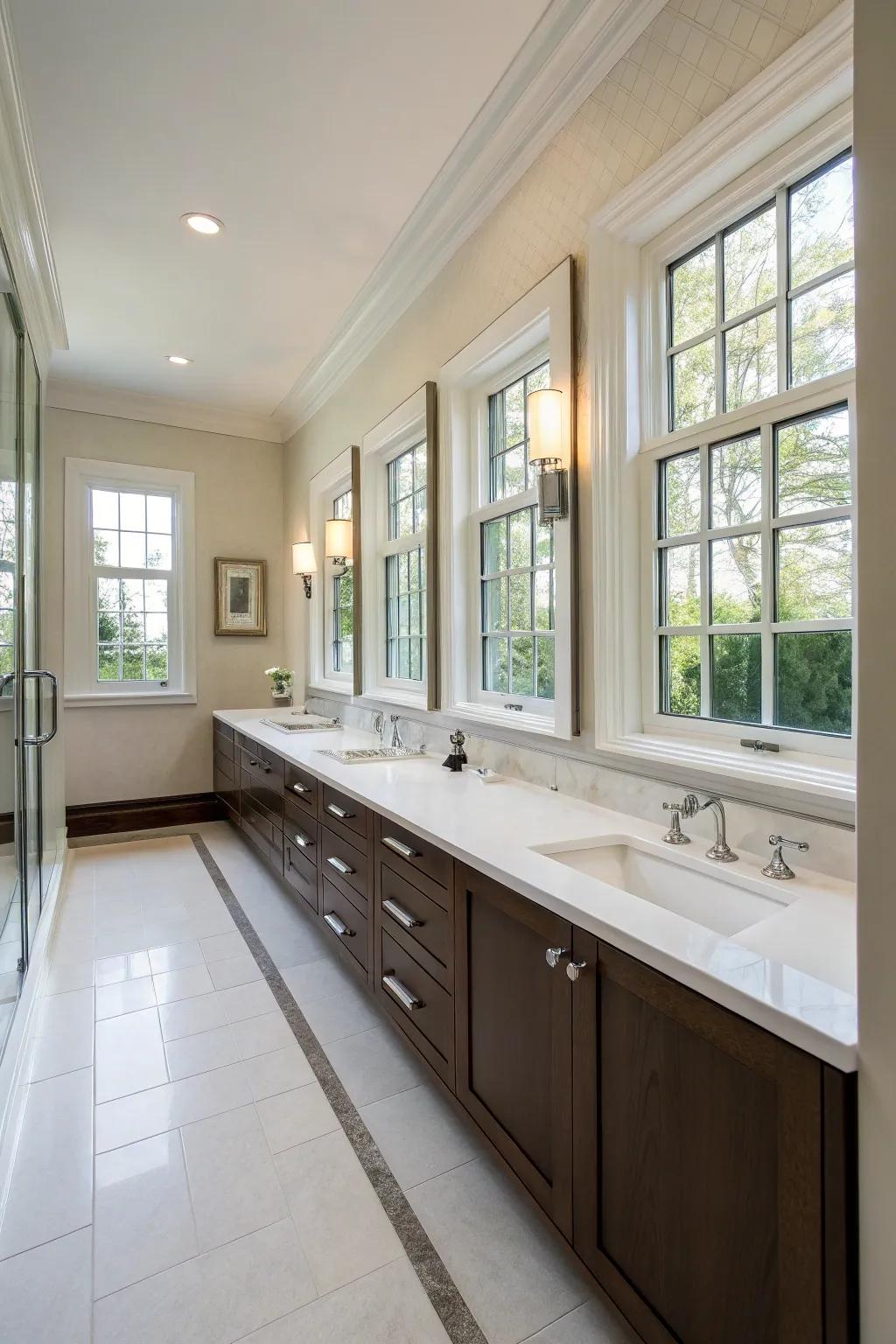 A sleek wall-mounted narrow vanity maximizing space in a long bathroom.