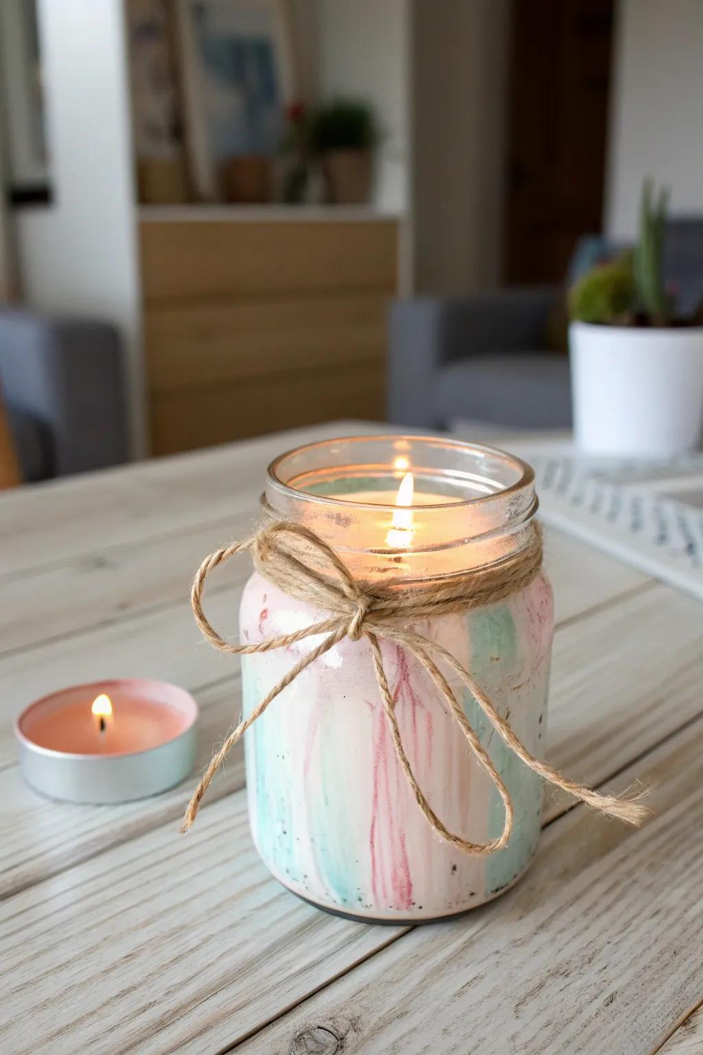 Transform your old glass jars into beautiful candle holders with a touch of paint and twine. Embrace simplicity and natural beauty.