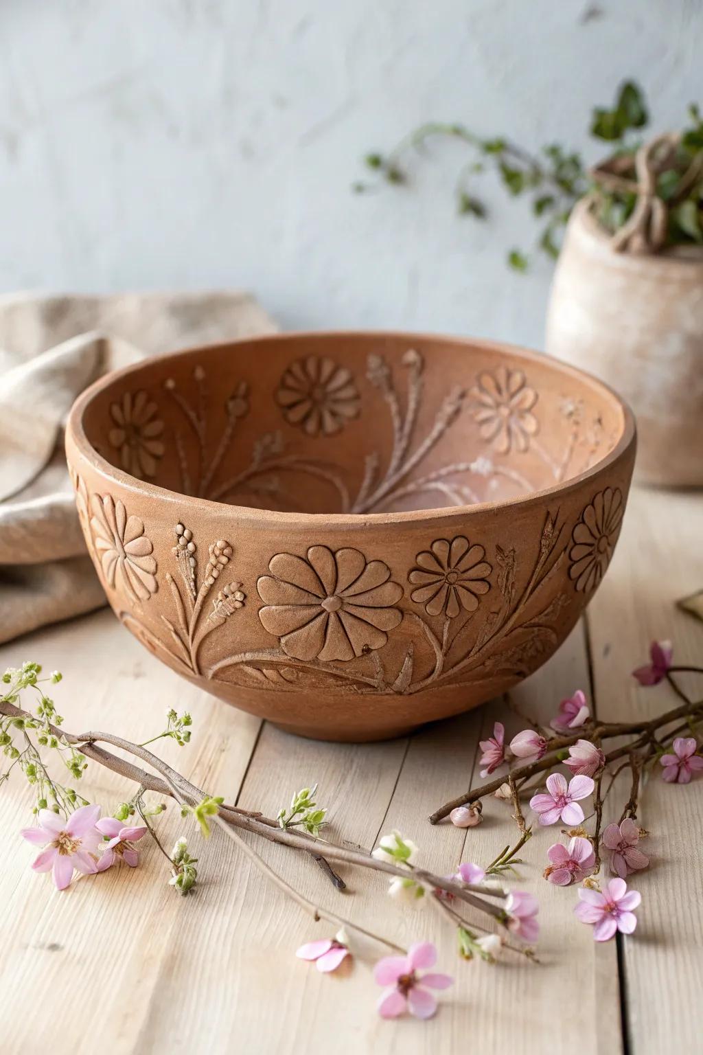 Embrace nature indoors with this exquisitely crafted floral clay bowl, where simplicity meets elegance.